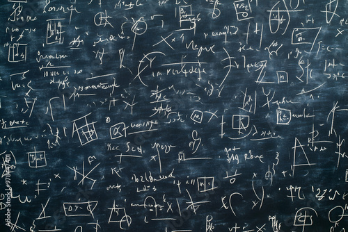 A close up image of a chalkboard covered in white chalk writing.