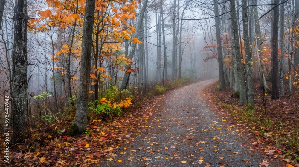 Fototapeta premium Autumnal Forest Path, Foggy and Serene