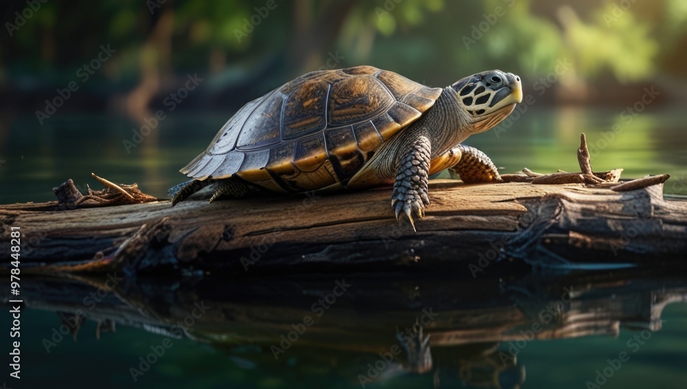 Turtle on a log in water over a blurry natural background Turtle on a log in water over a blurry natural background