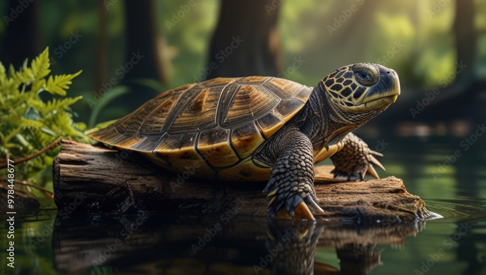 Turtle on a log in water over a blurry natural background Turtle on a log in water over a blurry natural background