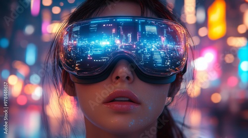 Woman Wearing Futuristic VR Glasses in Neon Cityscape Generative AI