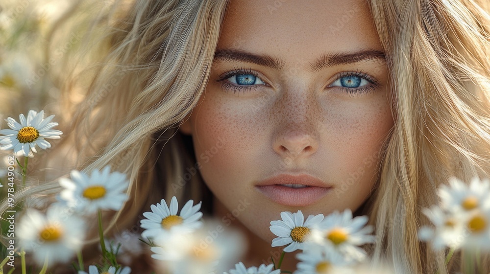Close-up Portrait of a Woman Surrounded by Daisies Generative AI Close-up Portrait of a Woman Surrounded by Daisies Generative AI