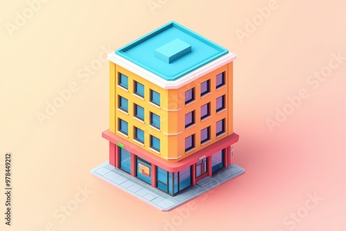 A colorful, stylized building with a flat roof and large windows, designed for business use.