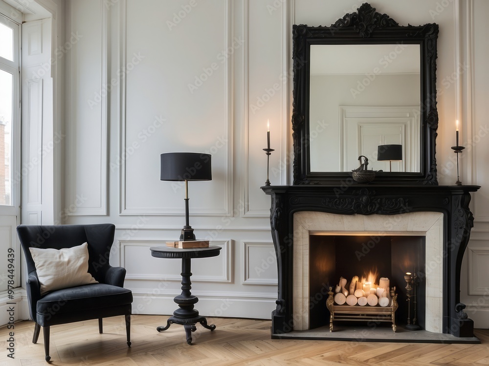 Ornate Fireplace with Black Accents in a White Room Ornate Fireplace with Black Accents in a White Room