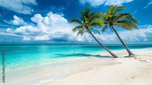 Two palm trees on a tropical beach with white sand and turquoise water.