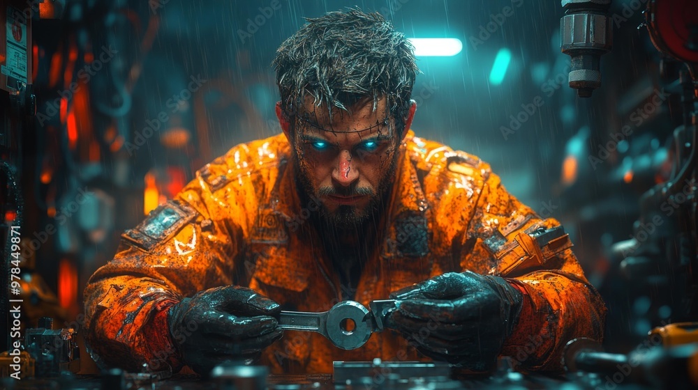 Cyberpunk Engineer in Rainy Workshop Generative AI Cyberpunk Engineer in Rainy Workshop Generative AI