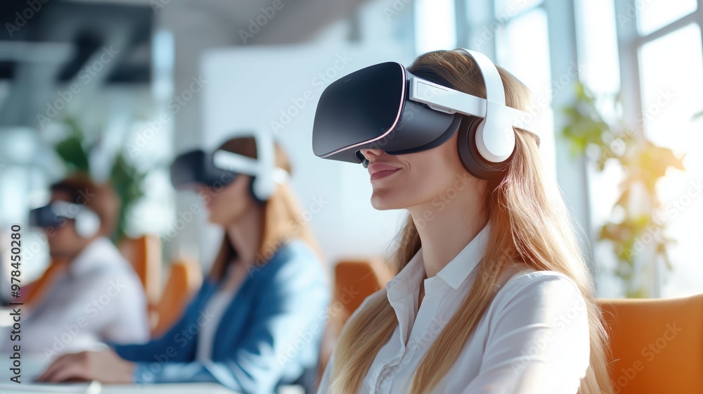 Businesspeople Collaborating in Virtual Reality Workspace Businesspeople Collaborating in Virtual Reality Workspace