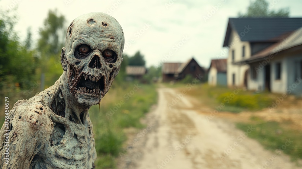 A zombie figure stands in the middle of a road, looking at the camera A zombie figure stands in the middle of a road, looking at the camera