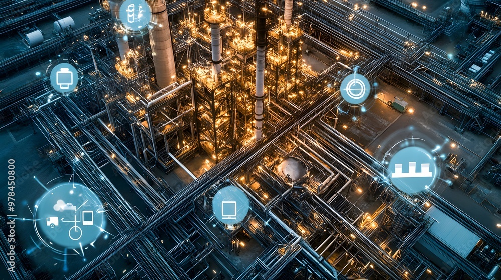 A computer screen shows a cityscape with many icons, including a computer, a cell phone, and a keyboard. Concept of technology and urban life, with the various icons representing the many devices A computer screen shows a cityscape with many icons, including a computer, a cell phone, and a keyboard. Concept of technology and urban life, with the various icons representing the many devices