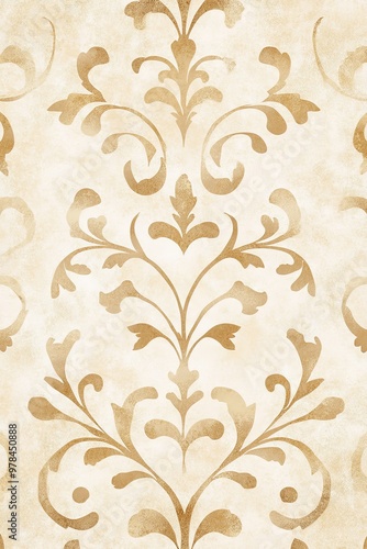 A vintage-style wallpaper featuring an elegant damask pattern in soft gold and cream tones.