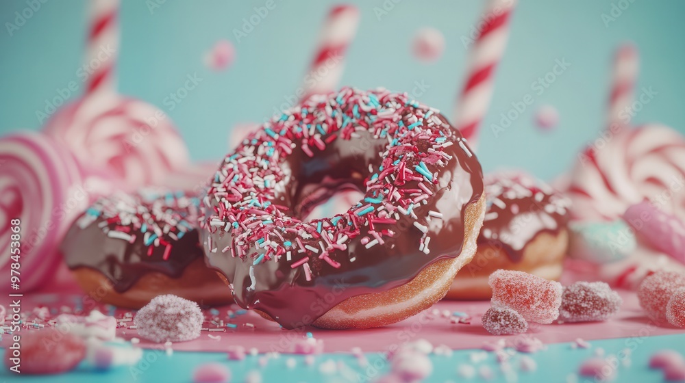 Delicious chocolate donut with colorful sprinkles, surrounded by candy and lollipops on a vibrant pastel background. Delicious chocolate donut with colorful sprinkles, surrounded by candy and lollipops on a vibrant pastel background.