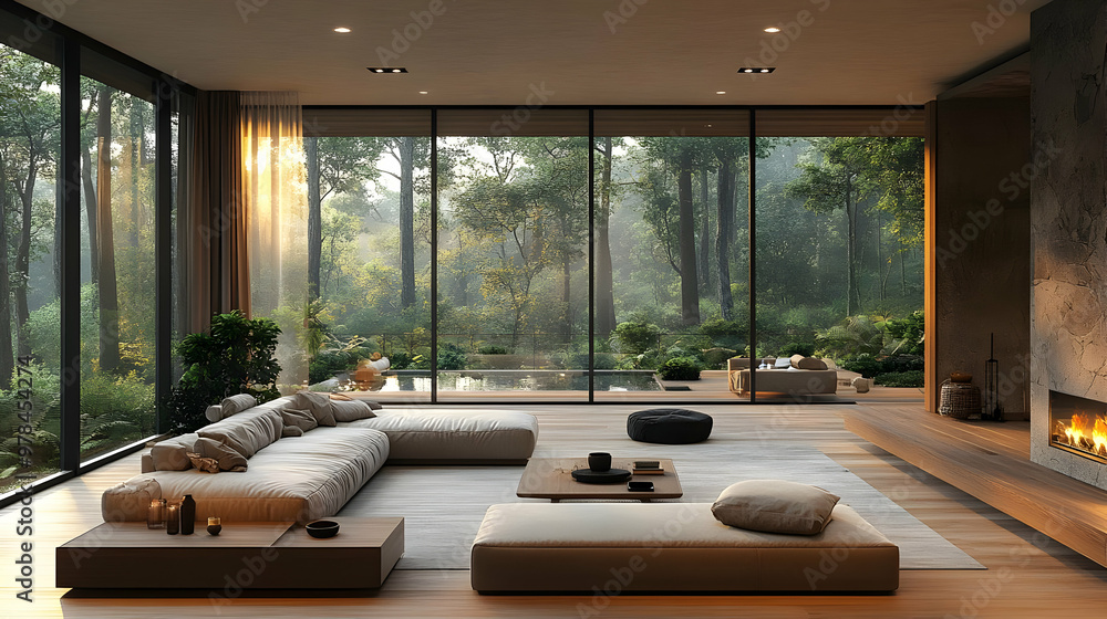 Modern Living Room Design with Floor-to-Ceiling Windows and a Tranquil Forest View Modern Living Room Design with Floor-to-Ceiling Windows and a Tranquil Forest View