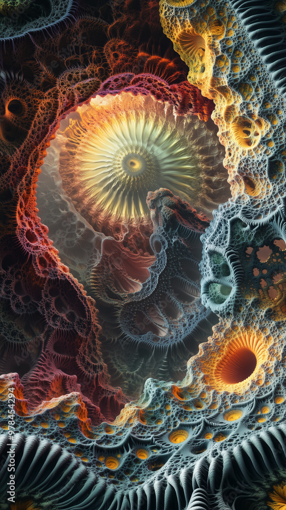 Abstract digital 3D fractal landscape, towering structures formed by repeating patterns, deep valleys and spirals, glowing edges, otherworldly and surreal terrain, vibrant color palette Abstract digital 3D fractal landscape, towering structures formed by repeating patterns, deep valleys and spirals, glowing edges, otherworldly and surreal terrain, vibrant color palette