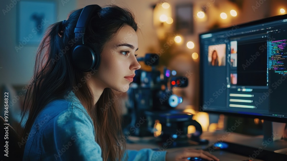 Young Woman Editing Video with Headphones on Young Woman Editing Video with Headphones on