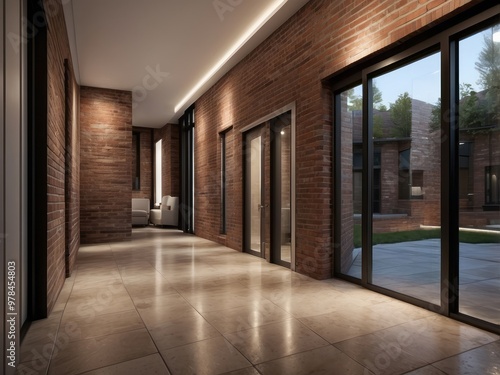 Wallpaper Mural Modern hallway with brick walls, glass doors, and tiled floor Torontodigital.ca