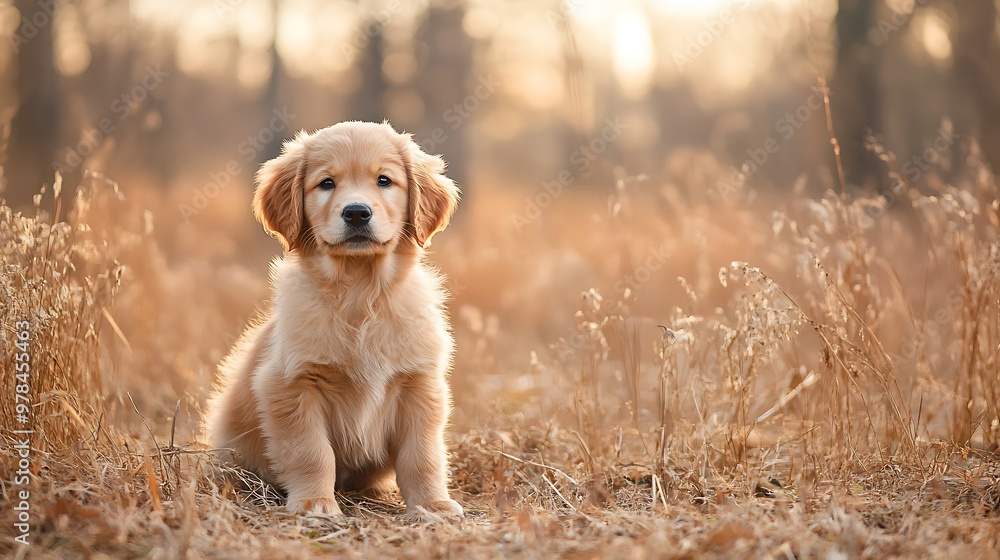A golden retriever puppy sits in a field of tall grass, looking directly at the camera with a sweet expression. The sun is setting in the background, casting a warm glow over the scene. A golden retriever puppy sits in a field of tall grass, looking directly at the camera with a sweet expression. The sun is setting in the background, casting a warm glow over the scene.