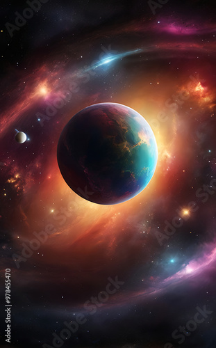 A cosmic-themed mobile wallpaper showing a glowing planet surrounded by rings of colorful nebulas and stars. The deep space background gives a sense of vastness and mystery