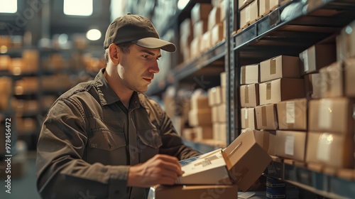 Warehouse worker sorting packages on shelves in a storage facility. Efficient inventory management and systematic order processing.