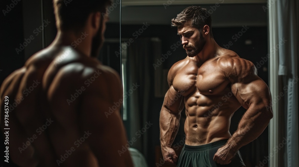A bodybuilder checking his physique in a large mirror, focusing on muscle definition and form A bodybuilder checking his physique in a large mirror, focusing on muscle definition and form