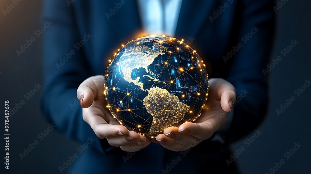 Businesswoman Holding Digital Earth Globe with Global Network and Online Technology Concept Businesswoman Holding Digital Earth Globe with Global Network and Online Technology Concept