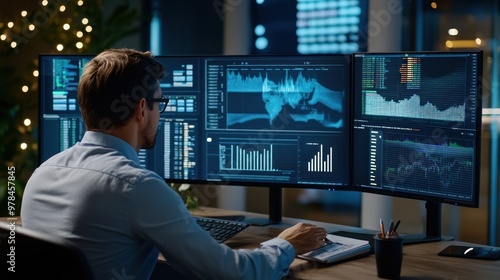 A business analyst examining detailed financial reports on multiple monitors, visualizing data trends and key performance indicators for strategic decision-making