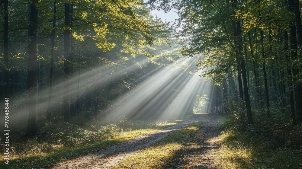 Obraz premium Forest Road Illuminated by Sunrays