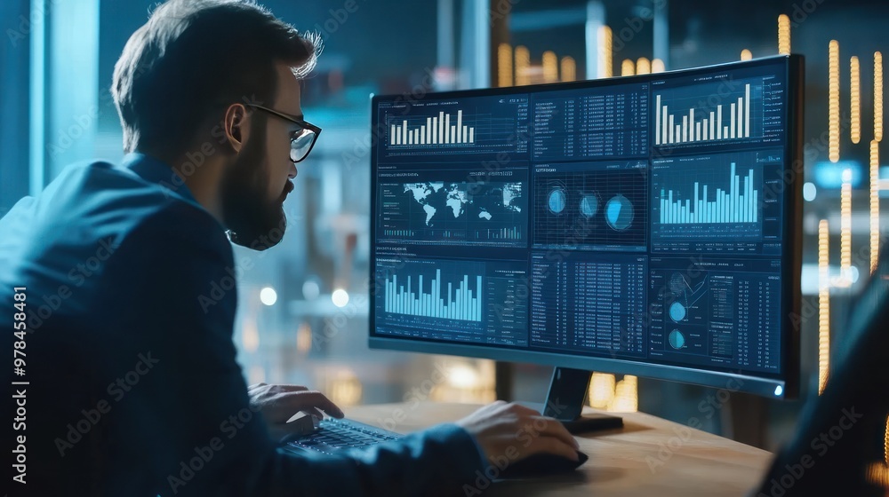 A business leader analyzing a complex dashboard on a computer monitor, illustrating key performance metrics that highlight company growth A business leader analyzing a complex dashboard on a computer monitor, illustrating key performance metrics that highlight company growth