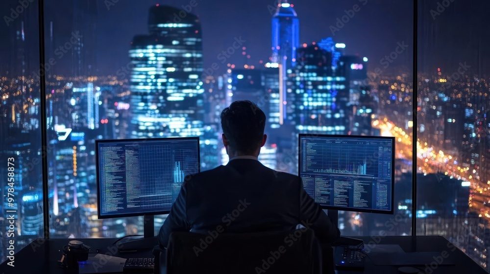 A business manager overseeing operations from a high-rise office, using dual monitors to track productivity and communicate with department heads A business manager overseeing operations from a high-rise office, using dual monitors to track productivity and communicate with department heads