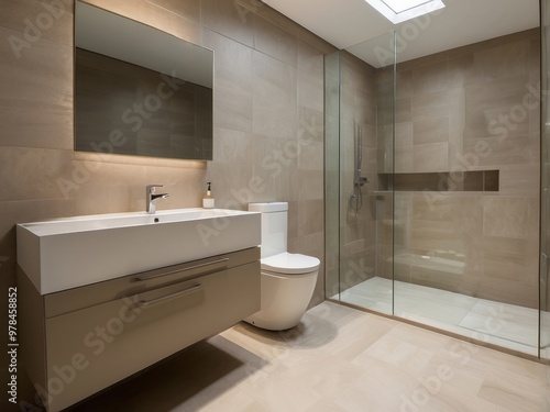 Wallpaper Mural Modern Bathroom with Glass Shower and Floating Vanity Torontodigital.ca