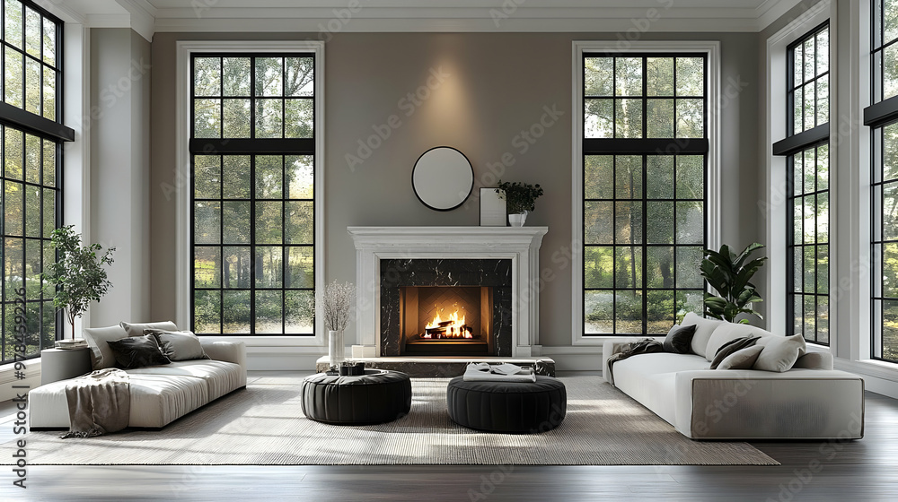 Modern Living Room Design with Fireplace and Large Windows Modern Living Room Design with Fireplace and Large Windows