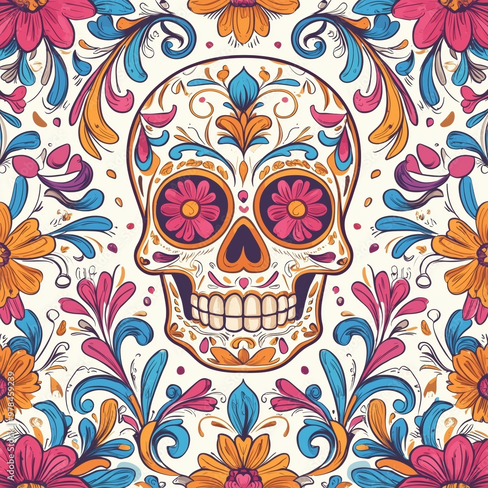 Vibrant Mexican Skull Pattern with Floral Designs Vibrant Mexican Skull Pattern with Floral Designs