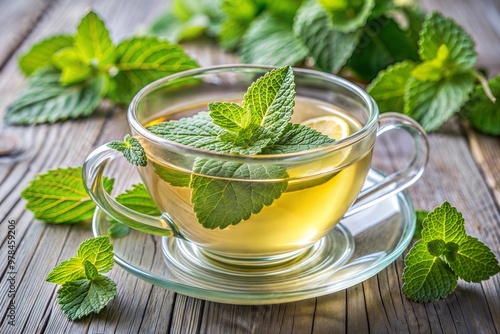 Fresh mint tea in a glass cup with mint leaves on a wooden table