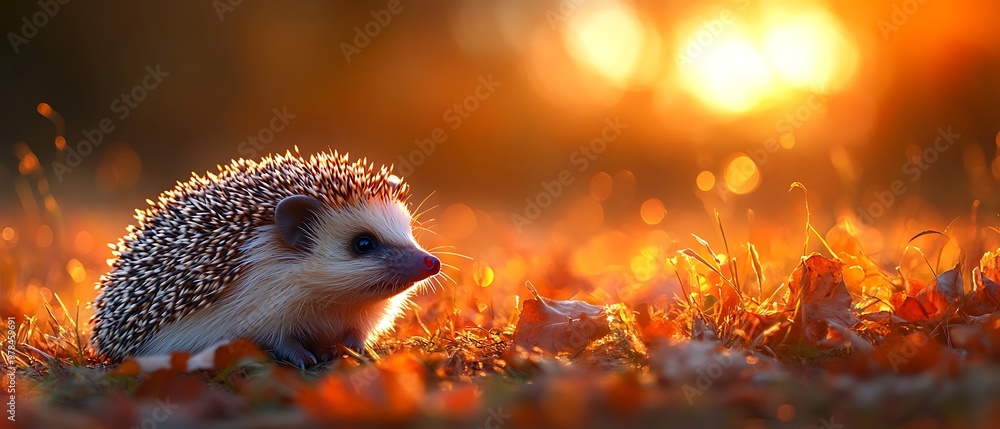 A hedgehog sits in a field of autumn leaves with the sun setting in the background. A hedgehog sits in a field of autumn leaves with the sun setting in the background.
