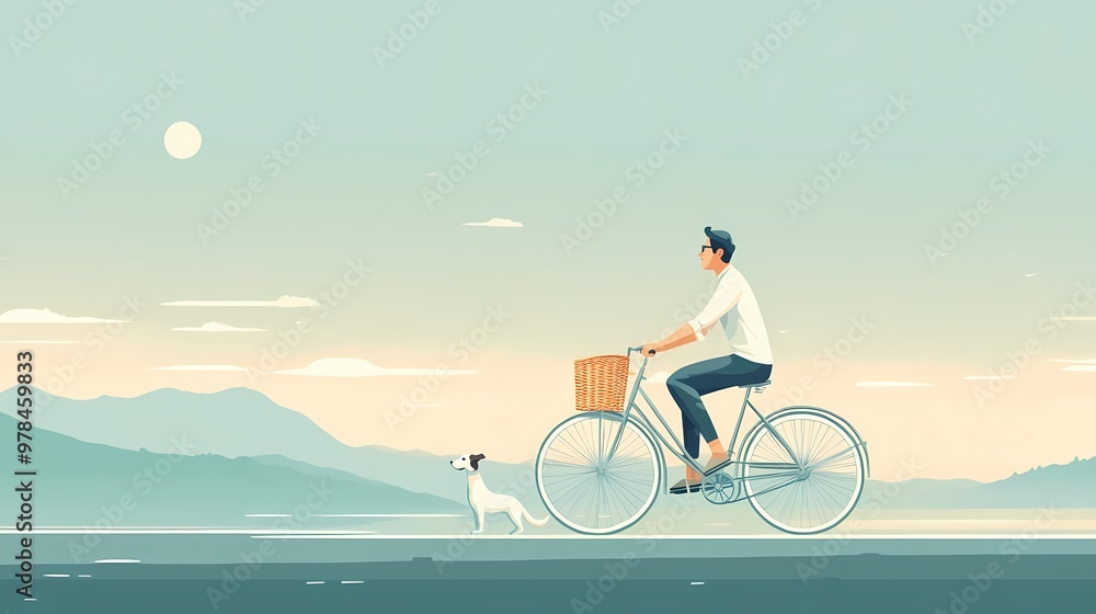 Fototapeta premium A man walking his dog on a bicycle.
