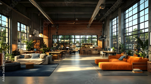 Industrial Loft Interior Design with Exposed Brick Walls and Large Windows