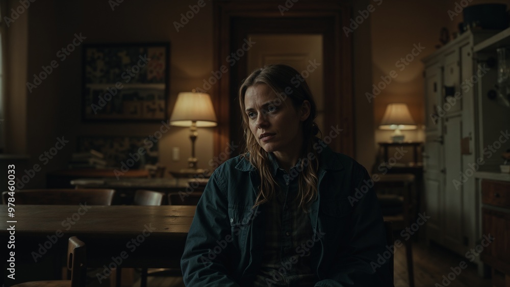 Young woman with a thoughtful expression sitting alone in a dimly lit room Young woman with a thoughtful expression sitting alone in a dimly lit room