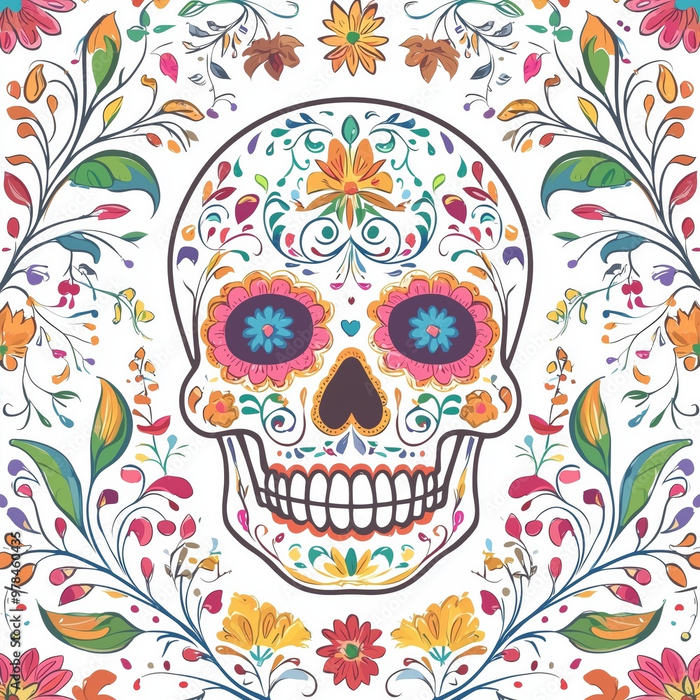 Vibrant Mexican Floral Skull Pattern, Intricate Design Vibrant Mexican Floral Skull Pattern, Intricate Design
