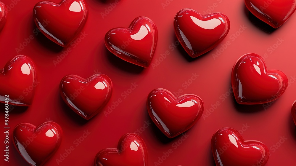many red volumetric glossy hearts with a shadow on a red background, background for Valentine's Day, March 8, banner, card, birthday many red volumetric glossy hearts with a shadow on a red background, background for Valentine's Day, March 8, banner, card, birthday