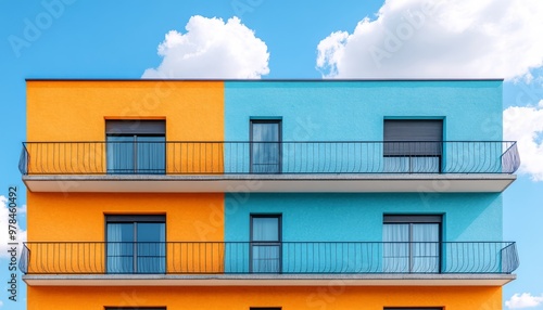 Two-Story Building with Orange and Blue Facade and Balconies