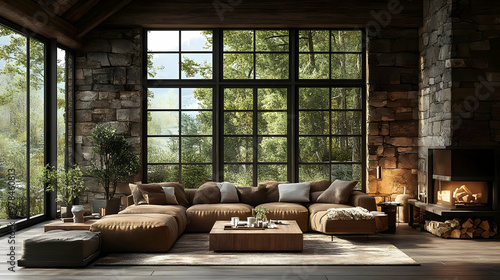 Cozy Cabin Living Room with Stone Walls and a Large Window View