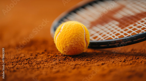 Close-up of a yellow tennis ball resting on clay court beside a tennis racket, perfect for sports-related content. photo