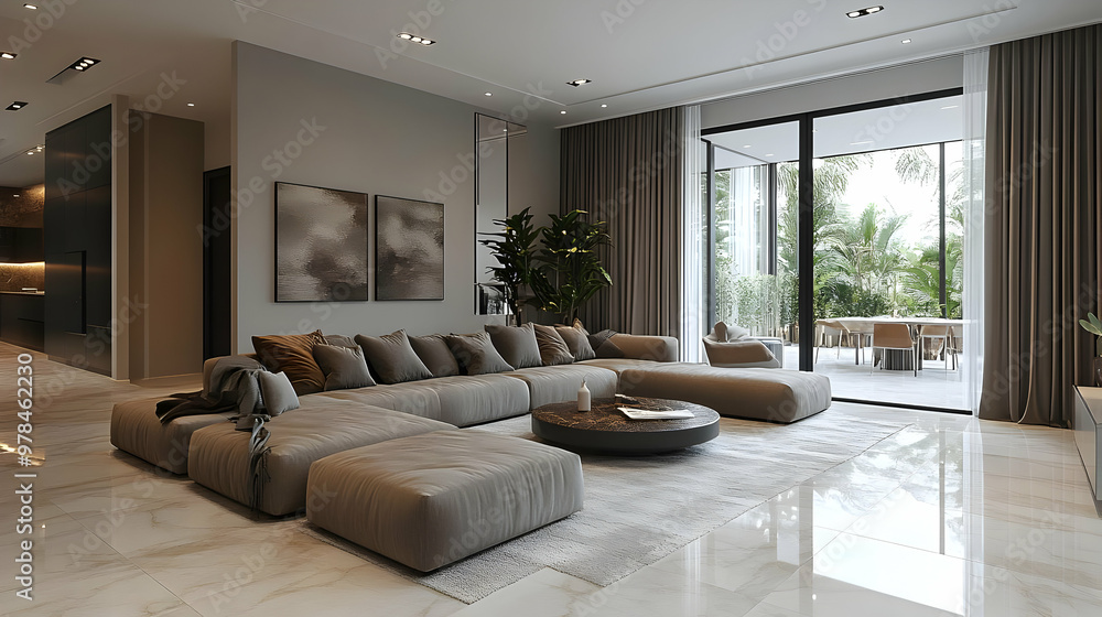 Modern Living Room Design with Sectional Sofa and Large Windows Modern Living Room Design with Sectional Sofa and Large Windows