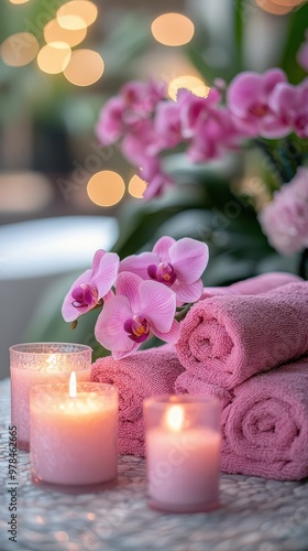 Peaceful Spa Environment with Orchid Flowers and Towels on a blurred background