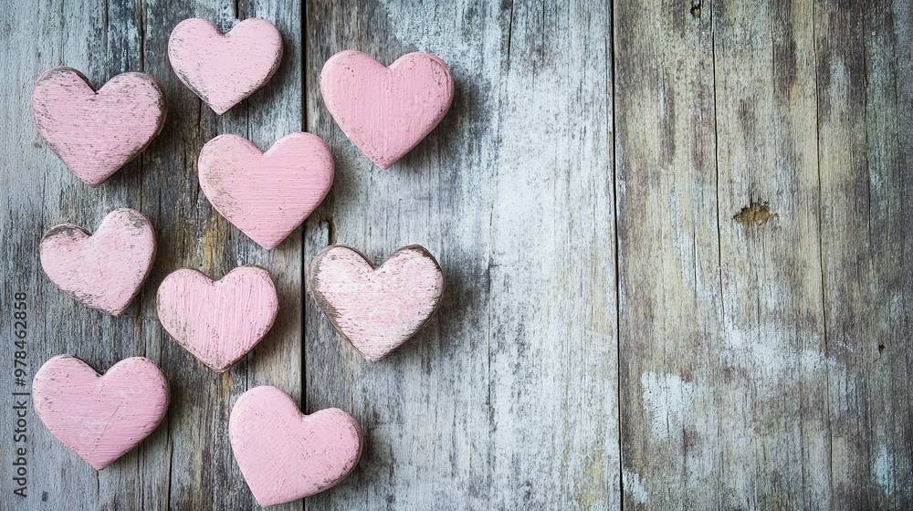 A collection of pink hearts on a rustic wooden surface, with ample space for text or a greeting. A collection of pink hearts on a rustic wooden surface, with ample space for text or a greeting.
