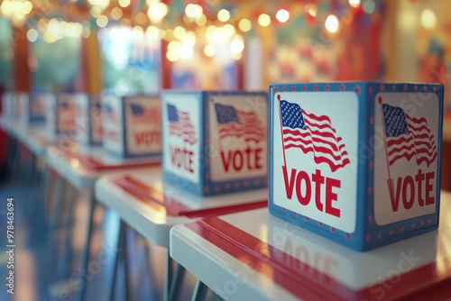 Ballot boxes with U.S. flags and voting signs on the blurry background of the voting hall photo