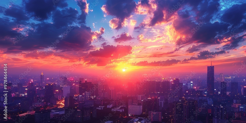 Fototapeta premium Cityscape Sunset with Dramatic Skies