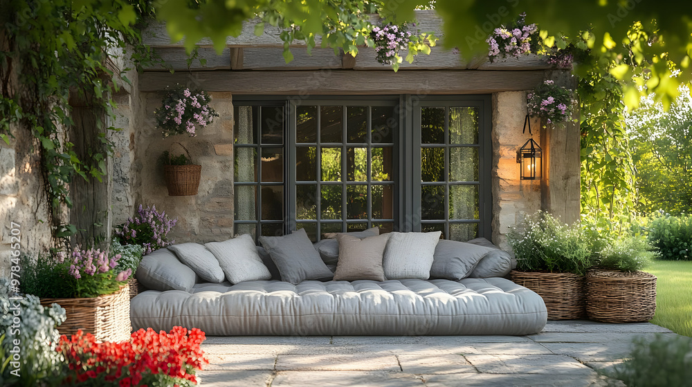 Fototapeta premium Relaxing Outdoor Patio with Cushioned Seating and Greenery