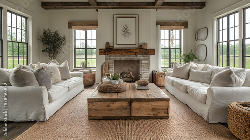 Cozy Farmhouse Living Room Design with White Couches, Natural Textures, and a Brick Fireplace