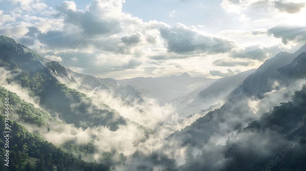 A serene mountain valley blanketed in heavy mist, with clouds hovering above, diffusing the sunlight and casting a soft, ethereal glow over the scene. A serene mountain valley blanketed in heavy mist, with clouds hovering above, diffusing the sunlight and casting a soft, ethereal glow over the scene.