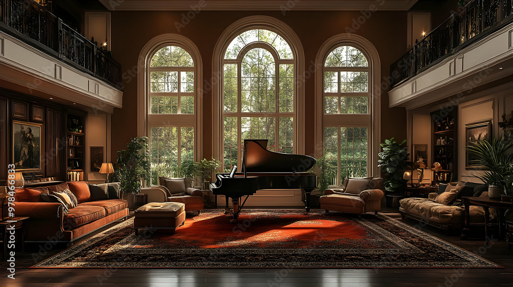 Elegant Living Room with Grand Piano and Large Windows Elegant Living Room with Grand Piano and Large Windows